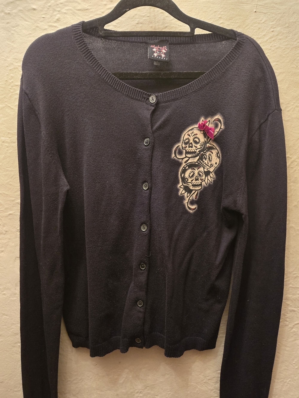 Lucky 13 Skull Cardigan L Y2K Gothic Tattoo Rockabilly Sweater